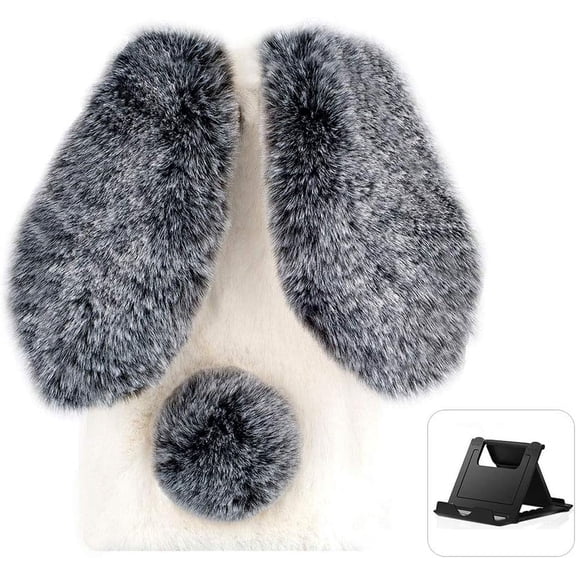 Plush Rabbit Case for Samsung Galaxy A12 5G,Cute Girls 3D Bunny Ears Case Soft Warm Winter Fluffy Furry Hairball Faux Fur Shockproof Back Cover with Diamond Chic Bowknot,Black and White