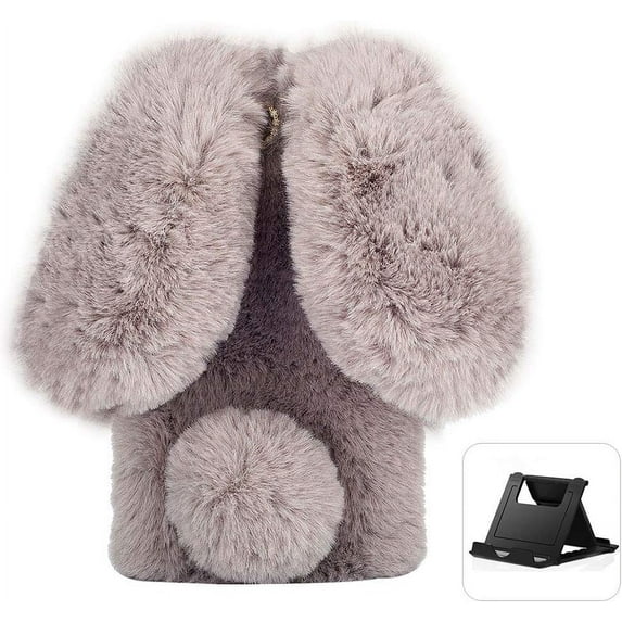 Plush Rabbit Case for Samsung Galaxy A13 5G,Fluffy Fuzzy Cute 3D Bunny Ears Soft Warm Case Faux Fur Shockproof TPU Back Cover with Bling Diamond Chic Bowknot,Grey