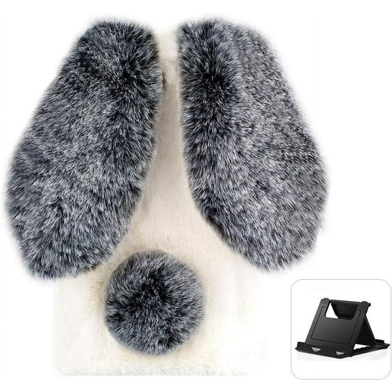 Plush Rabbit Case for Samsung Galaxy S22 Plus 5G,Fluffy Fuzzy Cute 3D Bunny Ears Soft Warm Case Faux Fur Shockproof TPU Back Cover with Bling Diamond Chic Bowknot,Black and White