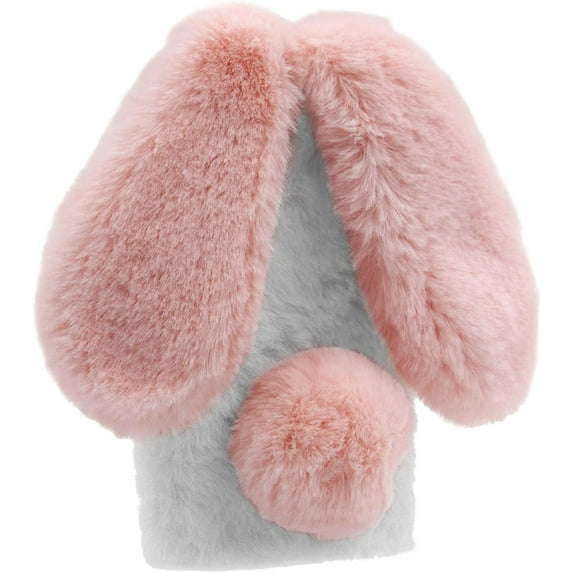 Plush Rabbit Case for Samsung Galaxy S23 Ultra 5G,Fluffy Fuzzy Cute 3D Bunny Ears Soft Warm Case Faux Fur Shockproof TPU Back Cover with Bling Diamond Chic Bowknot,Pink and White