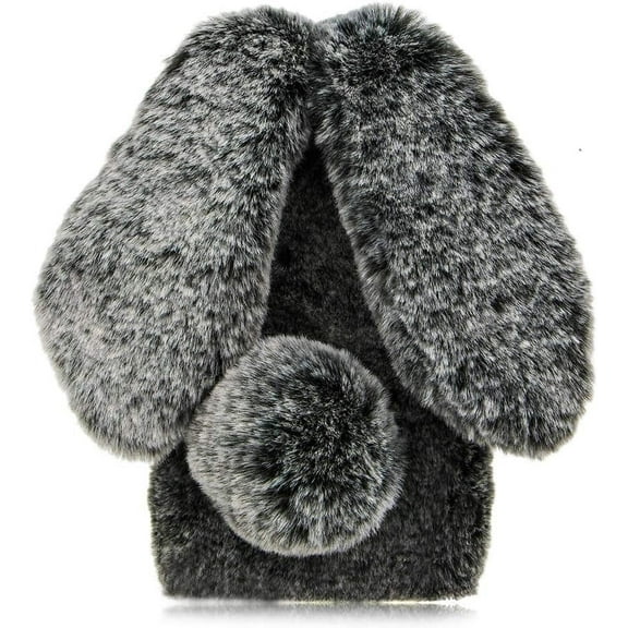 Plush Rabbit Case for iPhone 15 Plus 6.7",Fluffy Fuzzy Cute 3D Bunny Ears Soft Warm Case Faux Fur Shockproof TPU Back Cover with Bling Diamond Chic Bowknot,Dark Grey
