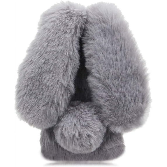 Plush Rabbit Case for iPhone 15 Plus 6.7",Fluffy Fuzzy Cute 3D Bunny Ears Soft Warm Case Faux Fur Shockproof TPU Back Cover with Bling Diamond Chic Bowknot,Grey