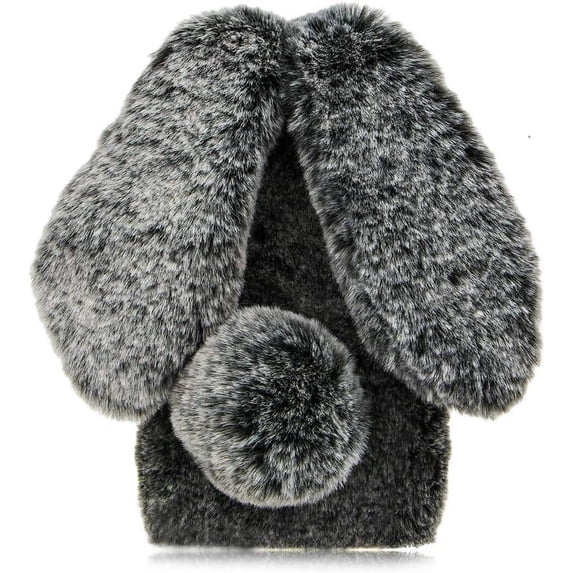 Plush Rabbit Case for iPhone 15 Pro 6.1",Fluffy Fuzzy Cute 3D Bunny Ears Soft Warm Case Faux Fur Shockproof TPU Back Cover with Bling Diamond Chic Bowknot,Dark Grey