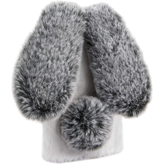Plush Rabbit Case for iPhone 15 Pro Max 6.7",Fluffy Fuzzy Cute 3D Bunny Ears Soft Warm Case Faux Fur Shockproof TPU Back Cover with Bling Diamond Chic Bowknot,Black and White