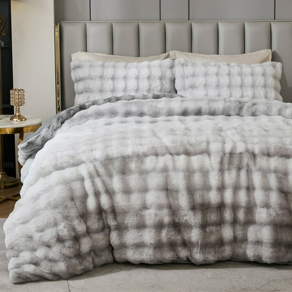 Plush Rabbit Faux Fur Comforter Set Queen/King Size Tie Dyed Fluffy Comforter Bed Set Luxury 3 Pieces Warm Shaggy Winter Comforter Queen Size Soft Bubble Bedding Comforter Set