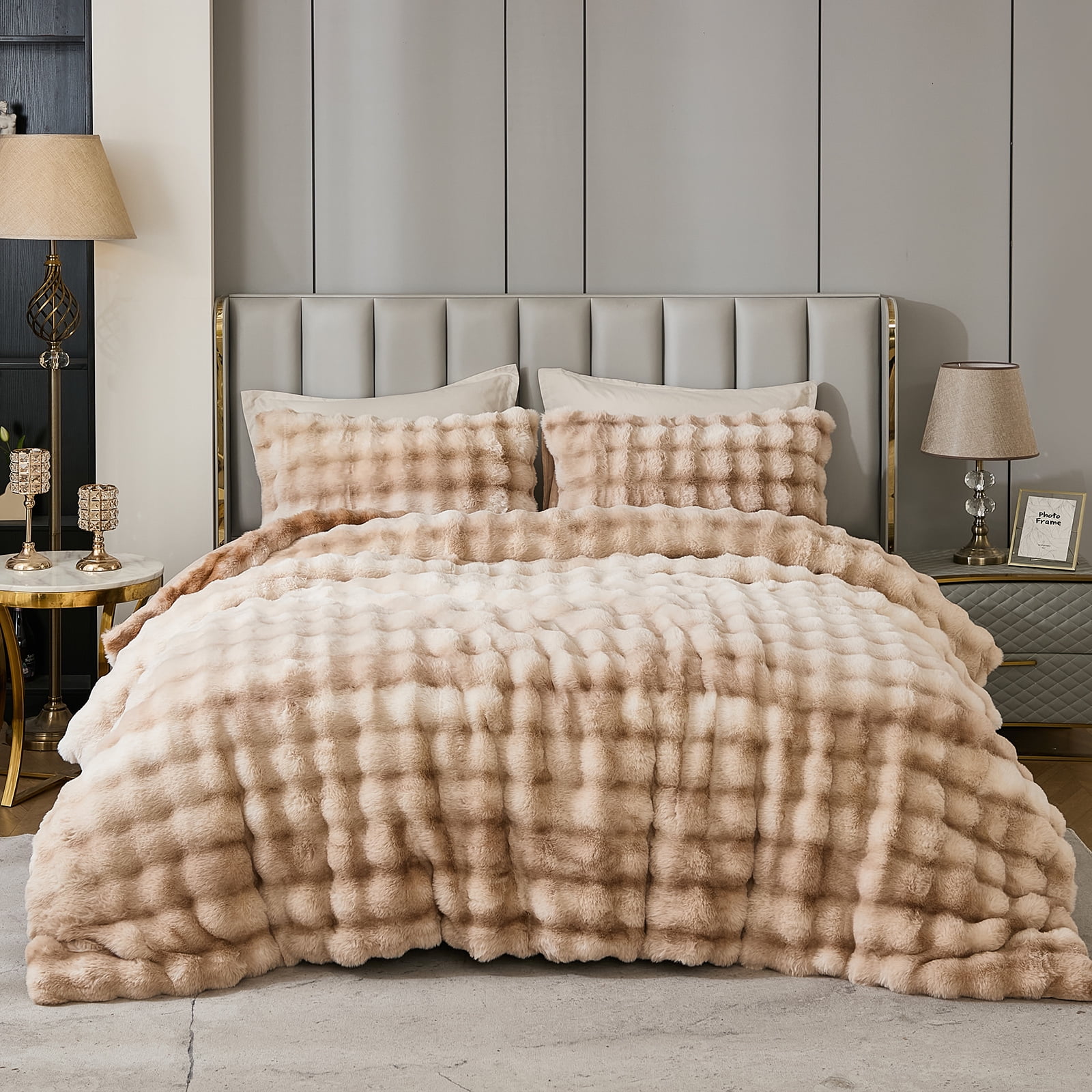 Plush Rabbit Faux Fur Comforter Set Queen/King Size Tie Dyed Fluffy Comforter Bed Set Luxury 3 Pieces Warm Shaggy Winter Comforter Queen Size Soft Bubble Bedding Comforter Set