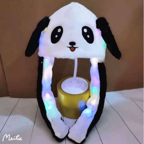 Animal Hat with Ears Moving Jumping Pop Up Beating Hat Plush Holiday Cosplay Dress Up Funny Gift for Kids(Light Up Small Panda)