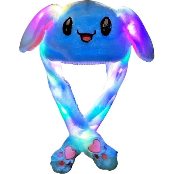 Animal Hat with Ears Moving Jumping Pop Up Beating Hat Plush Holiday Cosplay Dress Up Funny Gift for Kids(Light Up Blue Rabbit)