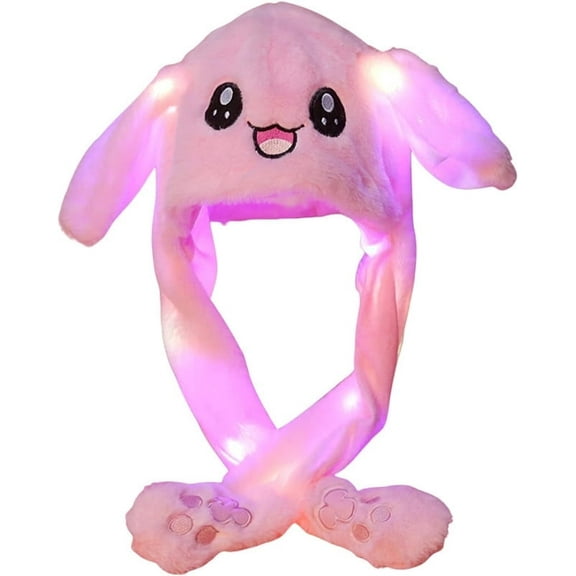 Animal Hat with Ears Moving Jumping Pop Up Beating Hat Plush Holiday Cosplay Dress Up Funny Gift for Kids(Light Up Pink Rabbit)
