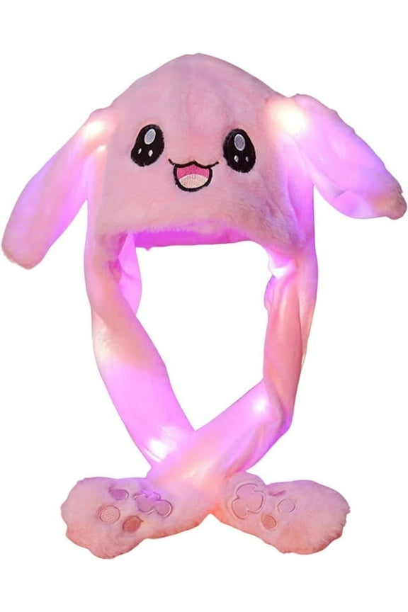 Animal Hat with Ears Moving Jumping Pop Up Beating Hat Plush Holiday Cosplay Dress Up Funny Gift for Kids(Light Up Pink Rabbit)