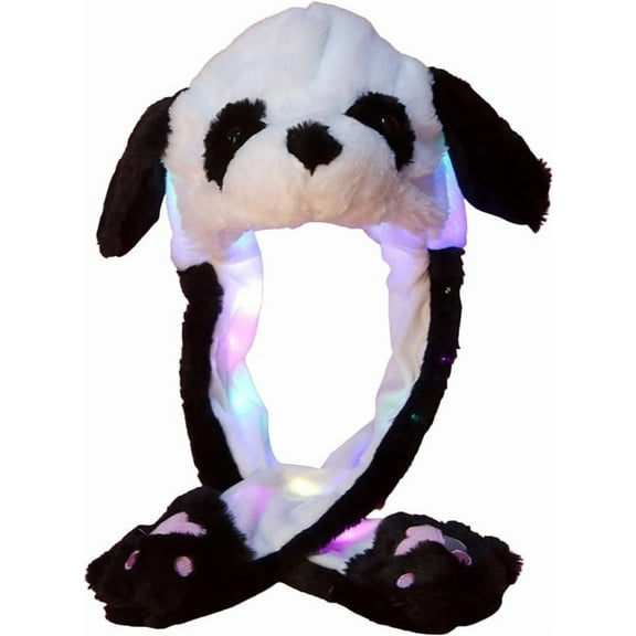 Animal Hat with Ears Moving Jumping Pop Up Beating Hat Plush Holiday Cosplay Dress Up Funny Gift for Kids(Light Up Black Panda)