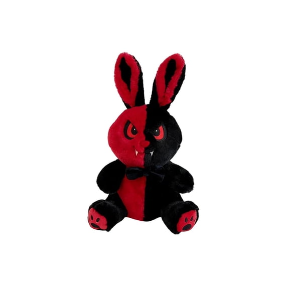 Plush Rabbit Stuffed Toy, Black Red Split Gothic Halloween Style, 1 Pack Soft 9.8 inch Sitting Bunny Plush Doll, For Halloween Party Decor Themed Collection Gift for Kids and Spooky Plush Lovers