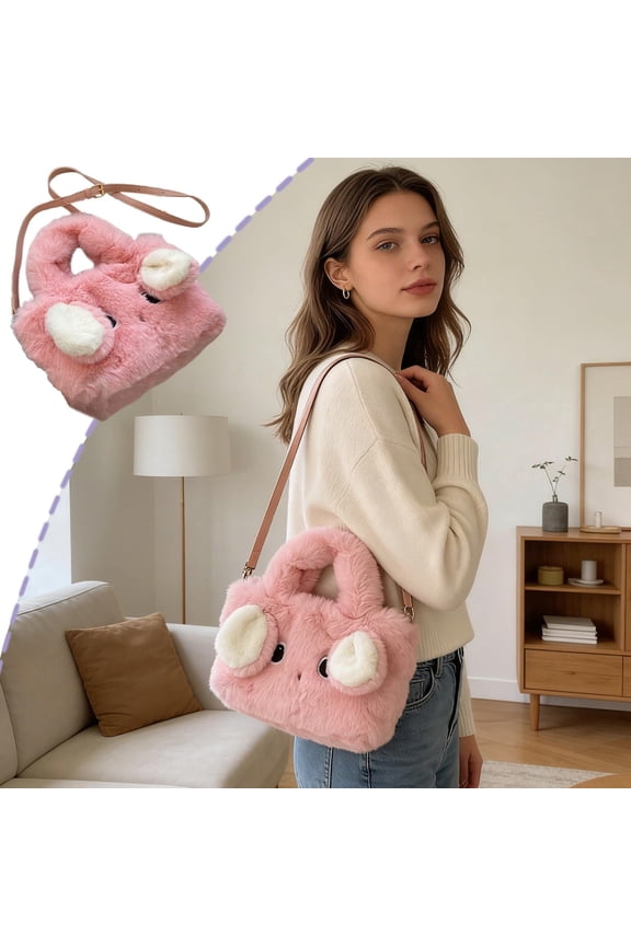 Plush Rabbit Tote Shoulder Crossbody Bag – Faux Fur Mini Handbag with Adjustable Strap, Pink Beige Khaki, 25x12cm, Cute Fluffy Purse for Daily Use