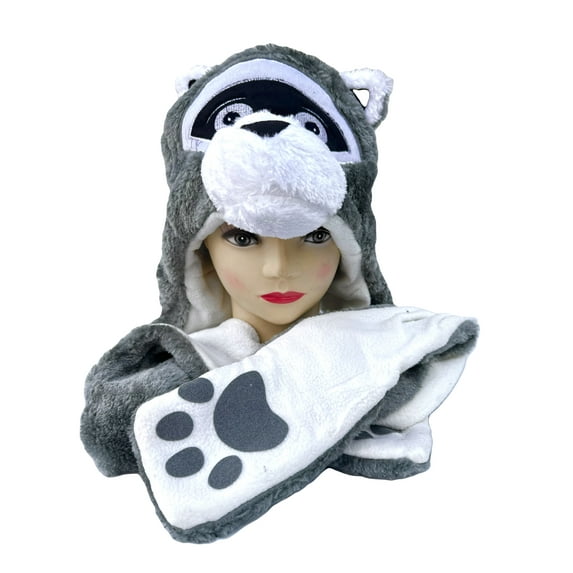 Plush Raccoon Animal Hat - Raccoon Hat with Ear Flaps and Hand Pockets