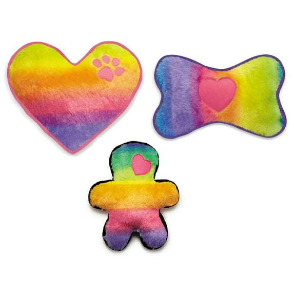 Plush Rainbow Dog Toys Soft Colorful Squeaker Ombre Choose Heart or Bone Shape (Full Set All 3 Toys)
