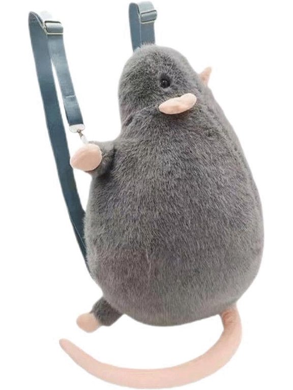 Plush Rat Backpack Furry Animal Shaped Purse with Tail Novelty Soft Cute Bag 37cm for Women Men Cosplay Travel Daily Use Grey
