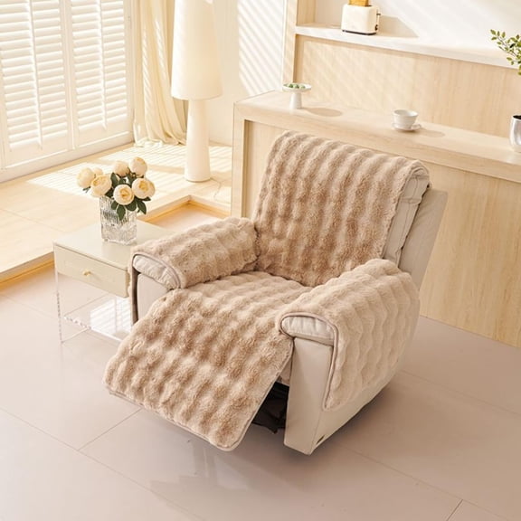 Plush Recliner Chair Cover, Shaggy Anti-Slip Slipcover for Recliners, Soft Faux Fur Furniture Protector for Pets, Kids, Dogs, Easy Fit & Machine Washable