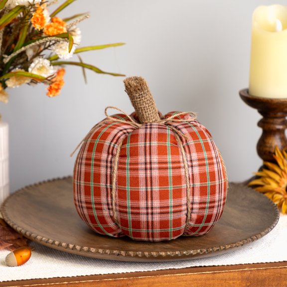 Plush Ribbed Plaid Fall Harvest Pumpkin - 8" - Orange and Green