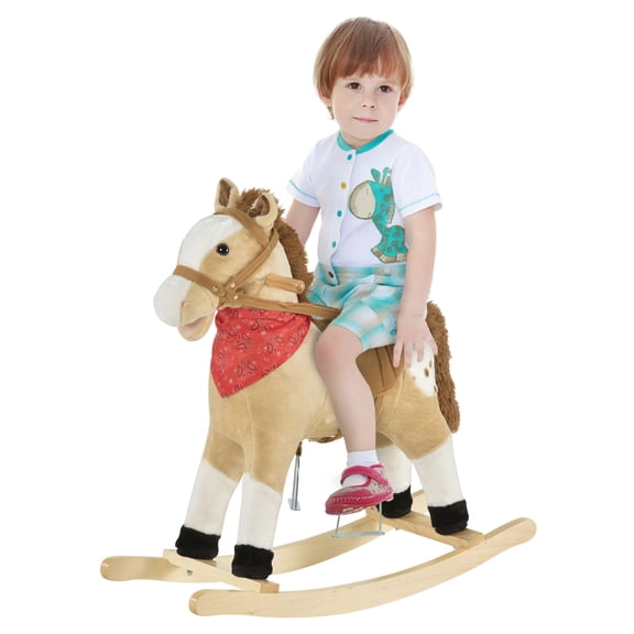 Plush Ride-On Rocking Horse, Cowboy Rocker with Realistic Sounds, Balance Training Toy, Beige