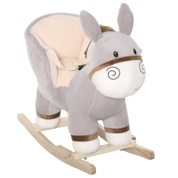 Plush Ride On Rocking Horse Donkey with Sound, Kids Rocking Chair with Wood Base and Safety Belt, Baby Toddler Rocker Toy for 18-36 Months, Light Gray
