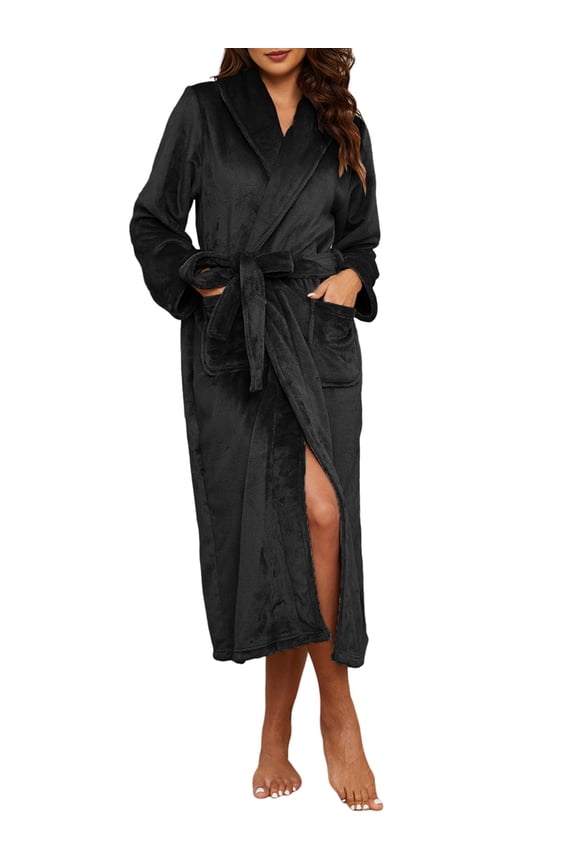 Plush Robe for Women, Long Flannel Winter Bath Robe, Plus Size Black XL