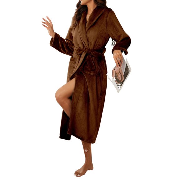 Plush Robe for Women, Long Flannel Winter Bath Robe, Plus Size Coffee Brown XL