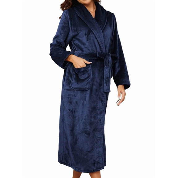 Plush Robe for Women, Long Flannel Winter Bath Robe, Plus Size Dark Blue XXL