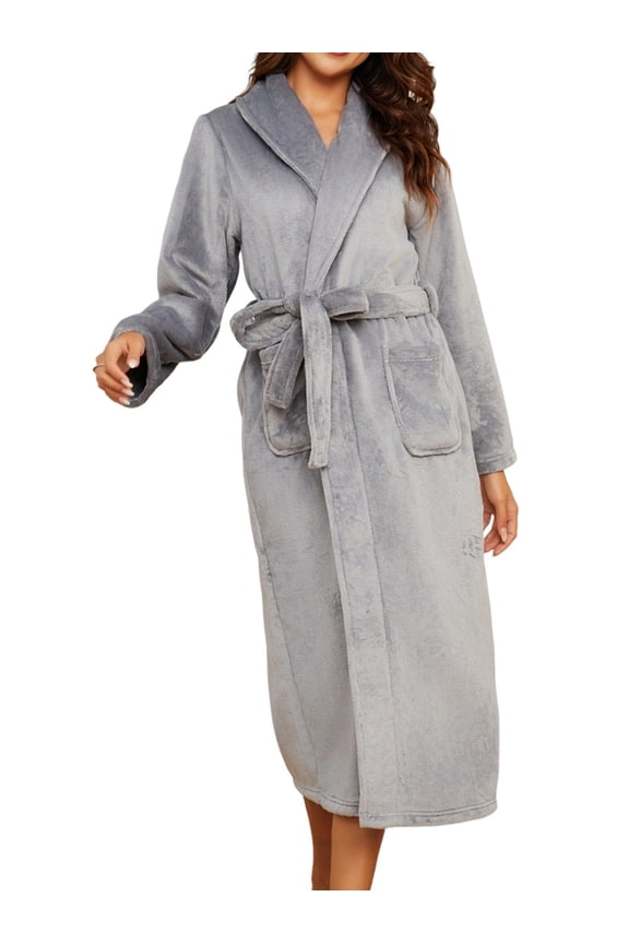 Plush Robe for Women, Long Flannel Winter Bath Robe, Plus Size Gray XXL