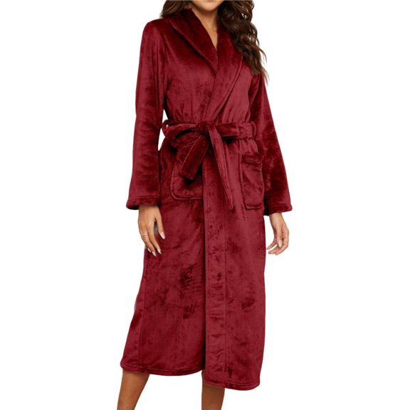 Plush Robe for Women, Long Flannel Winter Bath Robe, Plus Size Wine Red L