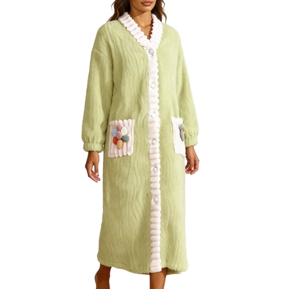Plush Robe for Women Long Length Fleece Cozy Button Up Bathrobes Color Light Green Size XXS