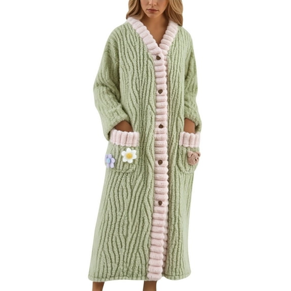 Plush Robe for Women Long Length Fleece Cozy Button Up Hooded Bathrobes Color: Light Green Size: M