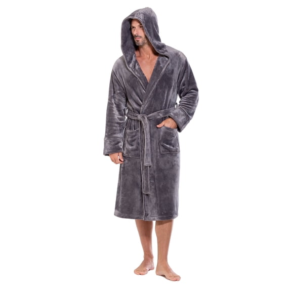 Turquaz Linen Men's Super Soft Plush Hooded Fleece Robe, Gray, L/XL