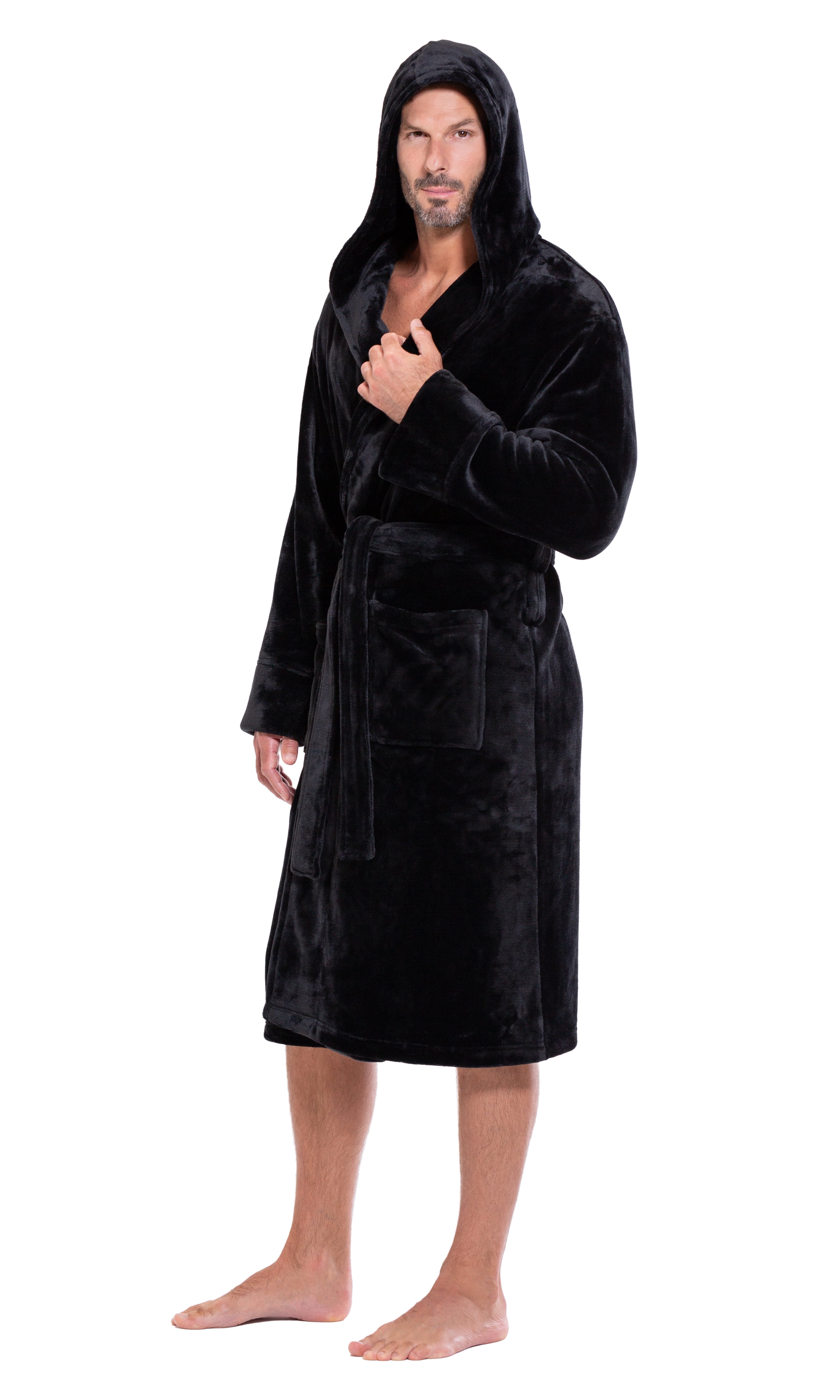Plush Robes For Men, Soft Fuzzy Hooded Mens Bathrobes , Long Comfy Robe