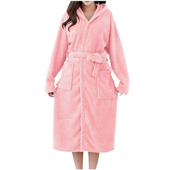 Plush Robes for Women 2024 Long Hooded Bathrobe Fuzzy Soft Warm Nightgown Lounge Sleepwear Spa Robe with Pockets