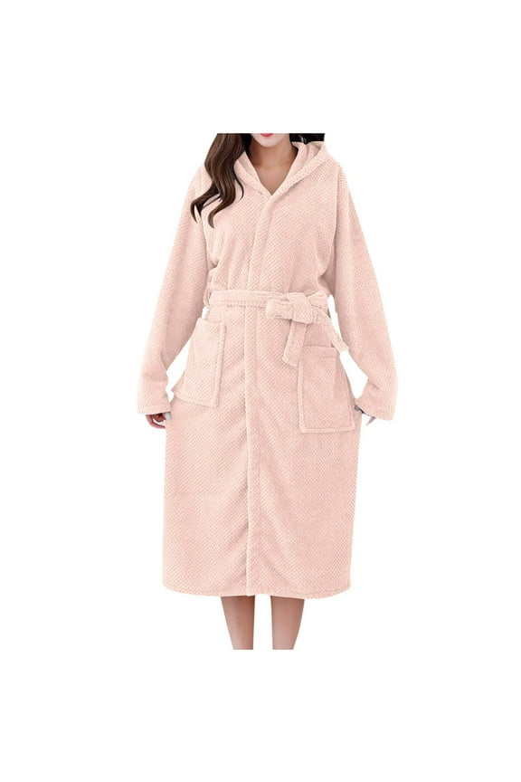 Plush Robes for Women 2024 Long Hooded Bathrobe Fuzzy Soft Warm Nightgown Lounge Sleepwear Spa Robe with Pockets