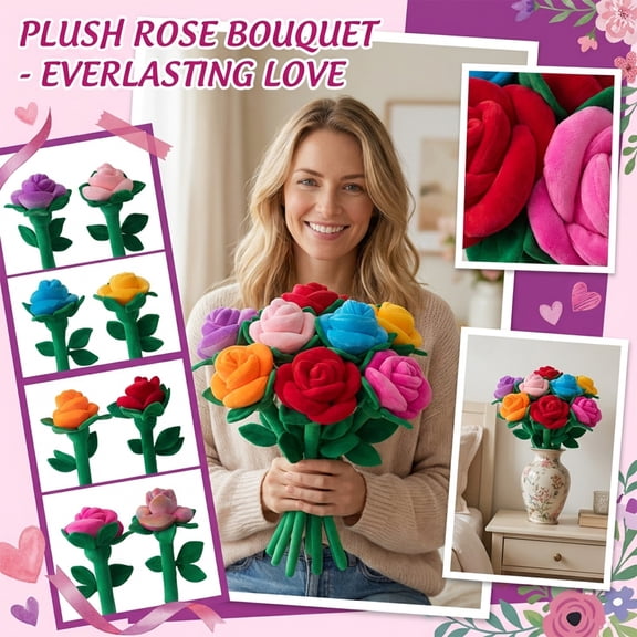 Plush Rose Bouquet Artificial Everlasting Flower Stuffed Toy,Romantic Floral Arrangement for Home Decoration Valentine Day and Birthday