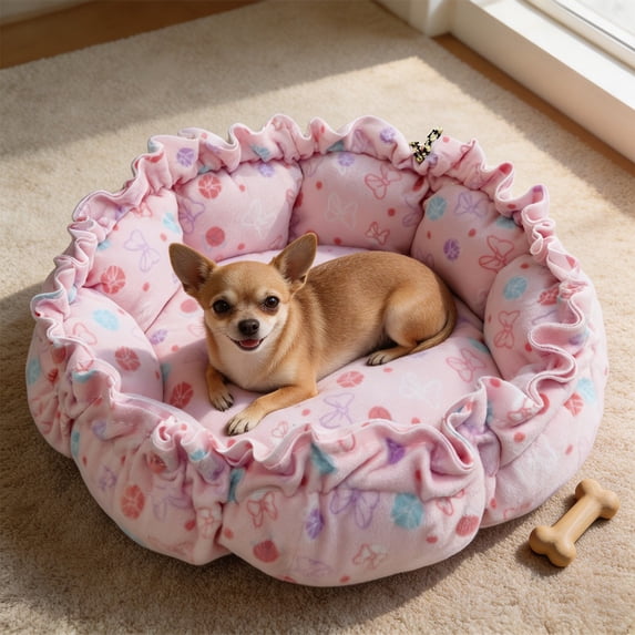 Plush Round Pet Bed, Soft Foldable Drawstring Adjustable Pet Cushion Bed, Non‑Slip Warm Sleeping Nest for Small Dogs Cats, Cozy Indoor Pet Sleeping Mat for Rest and Sleep