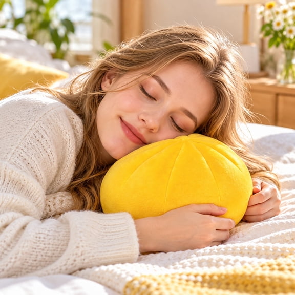 Plush Round Stuffed Bun Bean Bag Pillow, Soft Yellow Round Floor Cushion for Student, Dorm Room Decor Playroom Accent Seating Gift for Child 8 Inch
