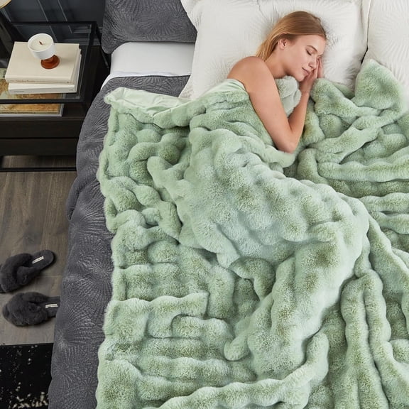 Plush Sage Green Faux Fur Blanket - Soft Thick Square Throw, 90x90 Inches
