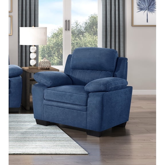 Plush Seating Chair 1Pc Blue Textured Fabric Channel Tufting Solid Wood Frame Modern Living Room Furniture