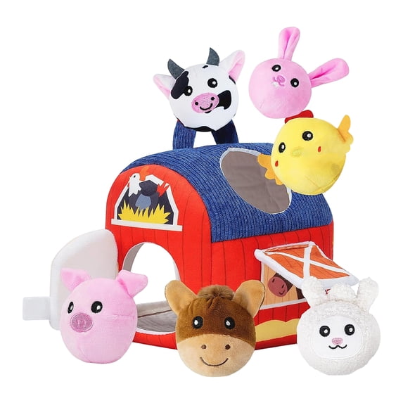 Plush Sensory Activity Toy Set, Soft Plush Ranch House with 6 Stuffed Animals for Early Development Discovery and Fine Motor Skills Learning