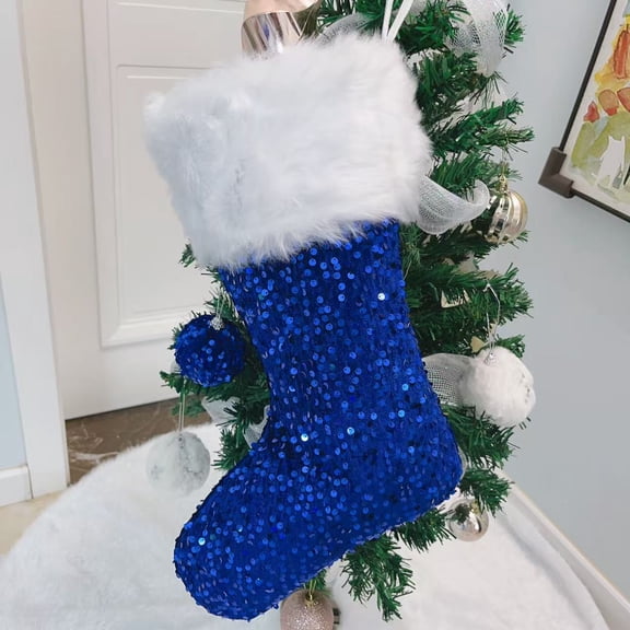 Plush Sequins Christmas Stockings with Faux Fur Cuffs,Party Favors Sparkly Sequins Christmas Stockings Hanging Ornaments Candy Gift Bags for Xmas Fireplace Holiday Decorations,