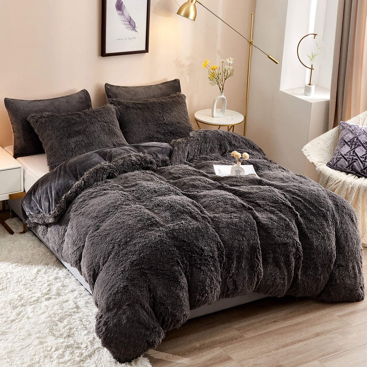 5Pcs Plush Fluffy Bedding Duvet Cover Set Faux Fur Velvet Fluffy Bed Sets  Luxury Ultra Soft Fuzzy Comforter Cover (…