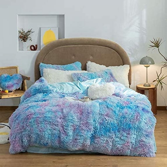 Plush Shaggy Duvet Cover Set , Faux Fur Fluffy 3Pcs Queen Size Bedding Set, Tie Dyed Velvet Colorful Comforter Cover (Blue, Queen)