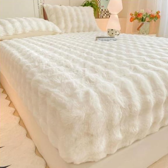 Plush Shaggy Fitted Sheet, Soft Cozy Flannel Bottom Mattress Protector, Stretches up to 12" Deep for Kids Teenager Bedroom, College Dorm(White,90x200cm)