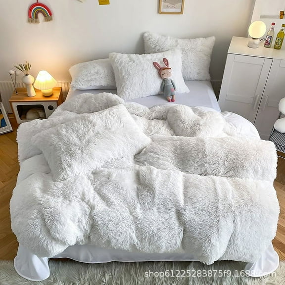 Plush Shaggy Fuzzy Duvet Cover Set White Cow Print Soft Crystal Velvet Twin Bedding Set (1 Faux Fur Duvet Cover + 1 Faux Fur Pillowcases)