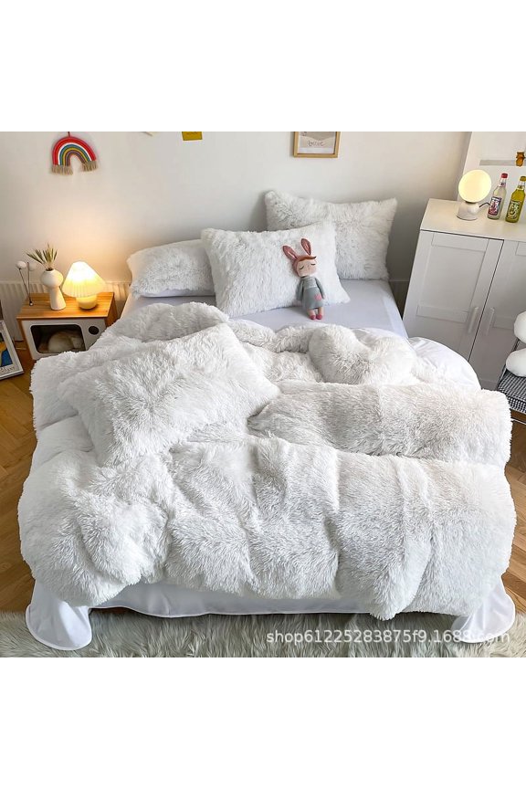 Plush Shaggy Fuzzy Duvet Cover Set White Cow Print Soft Crystal Velvet Twin Bedding Set (1 Faux Fur Duvet Cover + 1 Faux Fur Pillowcases)