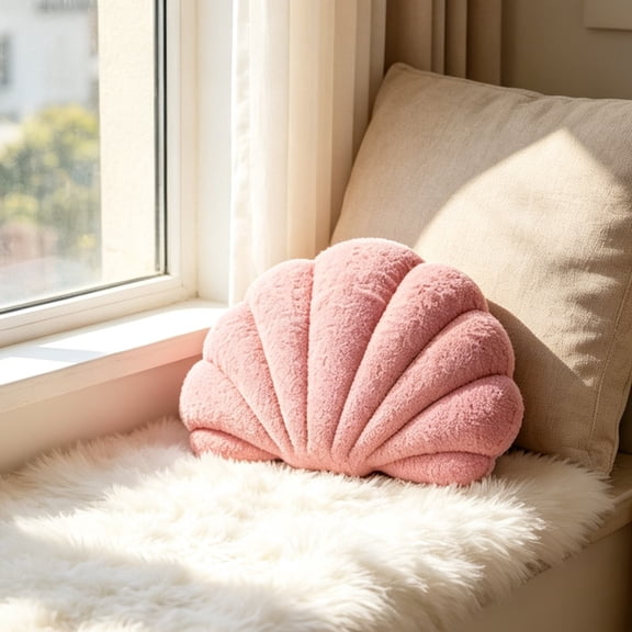 Plush Shell Throw Pillow, Soft Pink Seashell Decorative Cushion for Sofa Couch, Fluffy Coastal Accent Pillow for Bedroom Living Room and Kids Room,16"