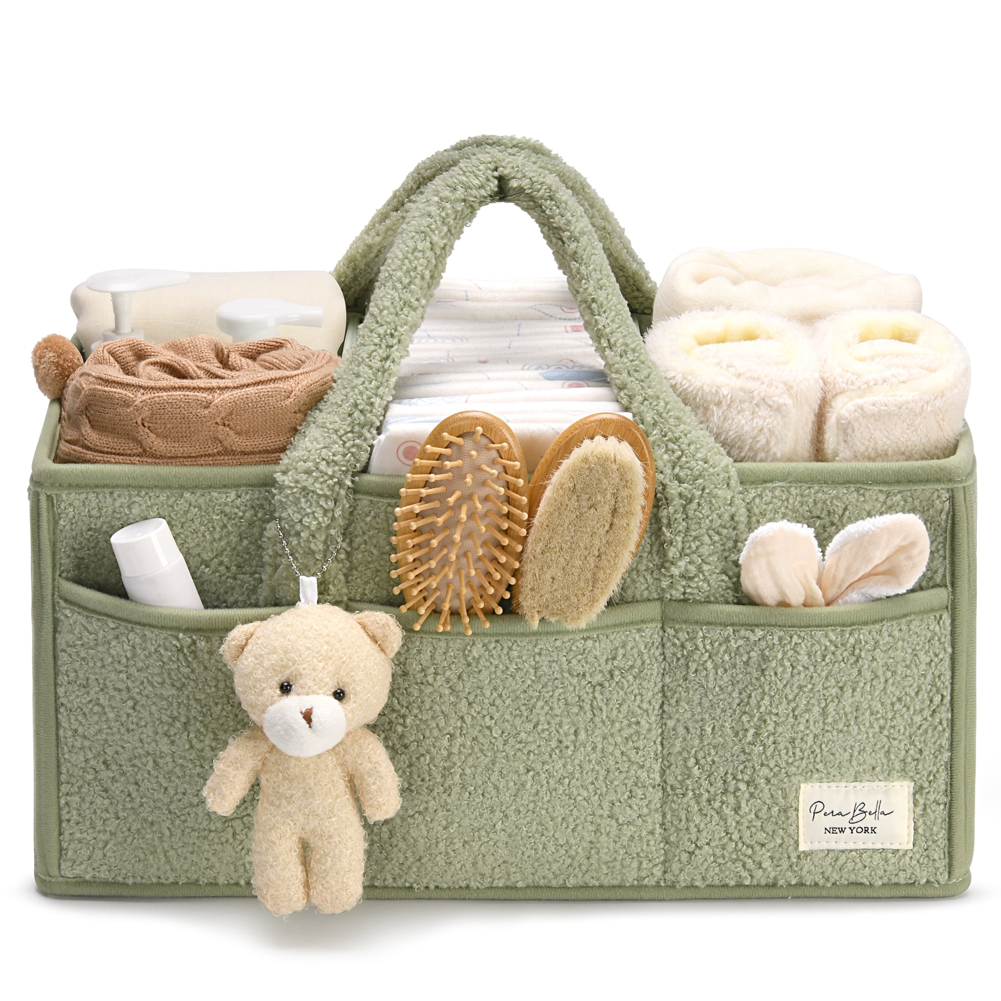 Plush Sherpa Baby Diaper Caddy Organizer, Portable Nursery Storage Basket with Teddy Bear Charm, Multi‑Compartment Changing Table Organizer for Newborn Essentials, Unisex Baby Shower Gift