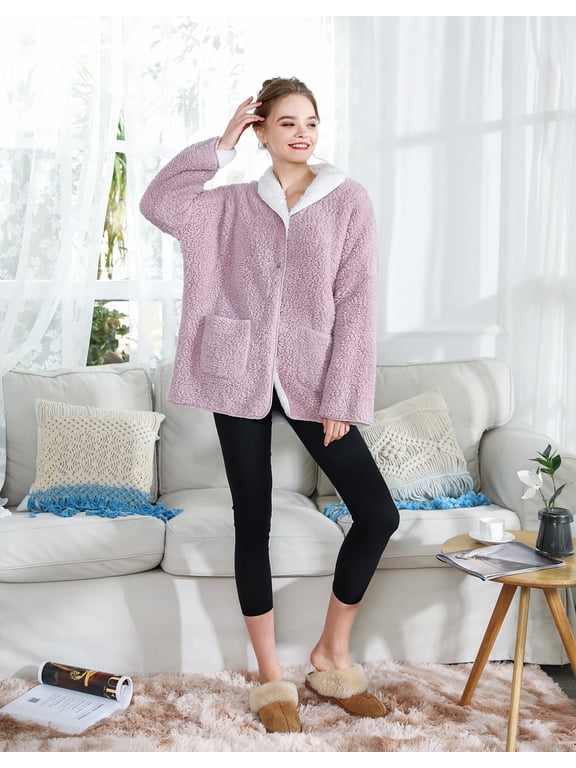 Sherpa Reversible Button Front Bed Jacket/House coat Lounge Jacket